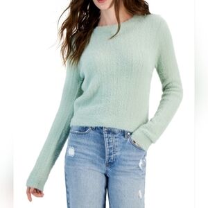 HIPPIE ROSE Shrunken Eyelash-Knit SOFT Crop Crewneck Sweater - Neptune Green XS